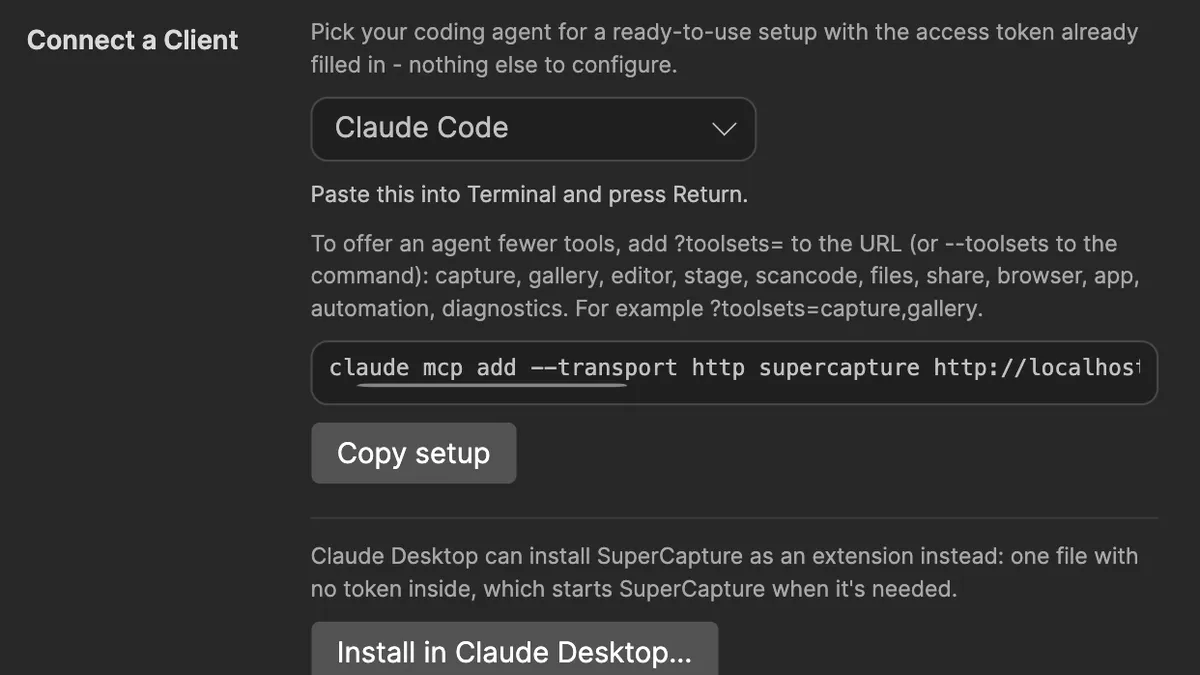 SuperCapture settings: a ready-to-paste MCP setup command for Claude Code