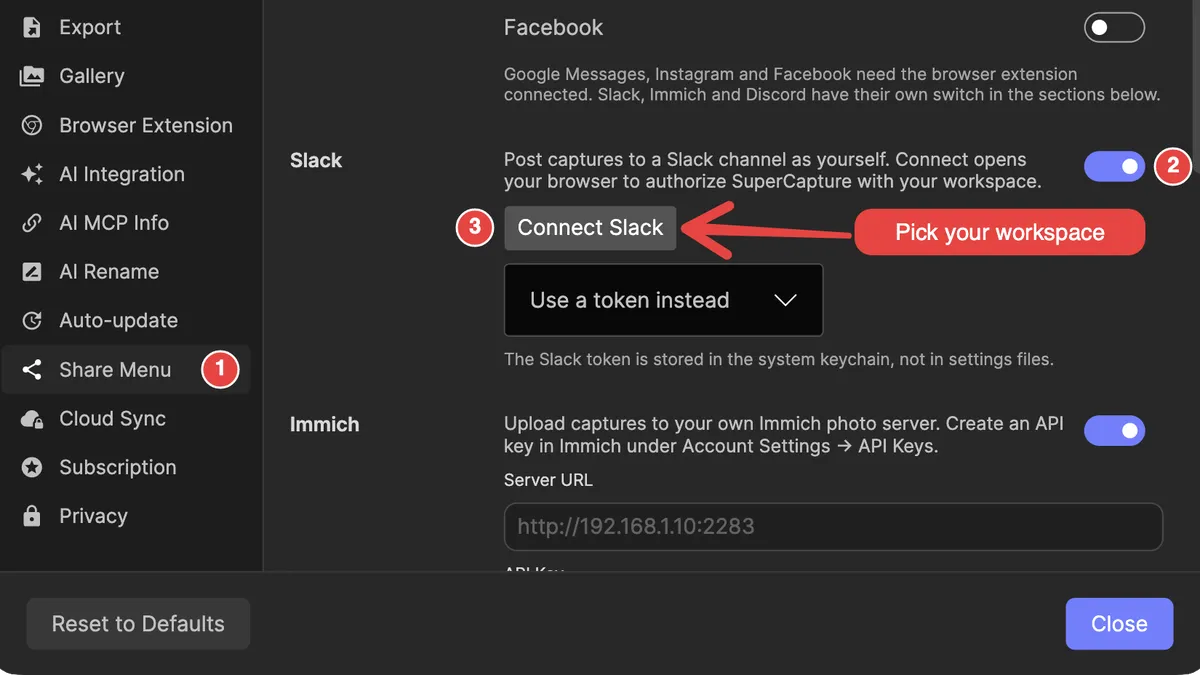 A support answer: Settings marked up with three numbered steps and an arrow to Connect Slack