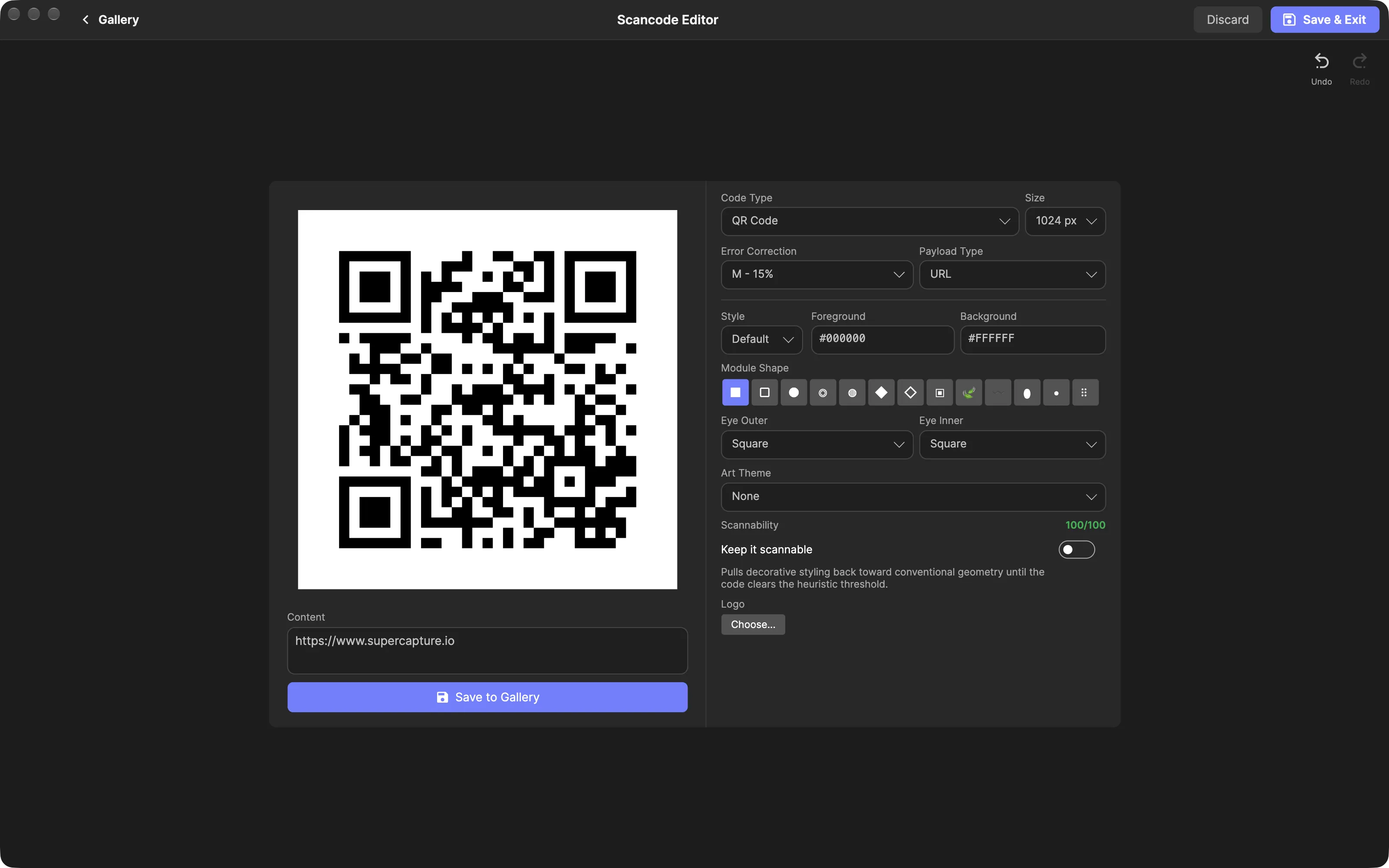 SuperCapture QR code editor with a QR code for supercapture.io beside its color, module shape and styling controls