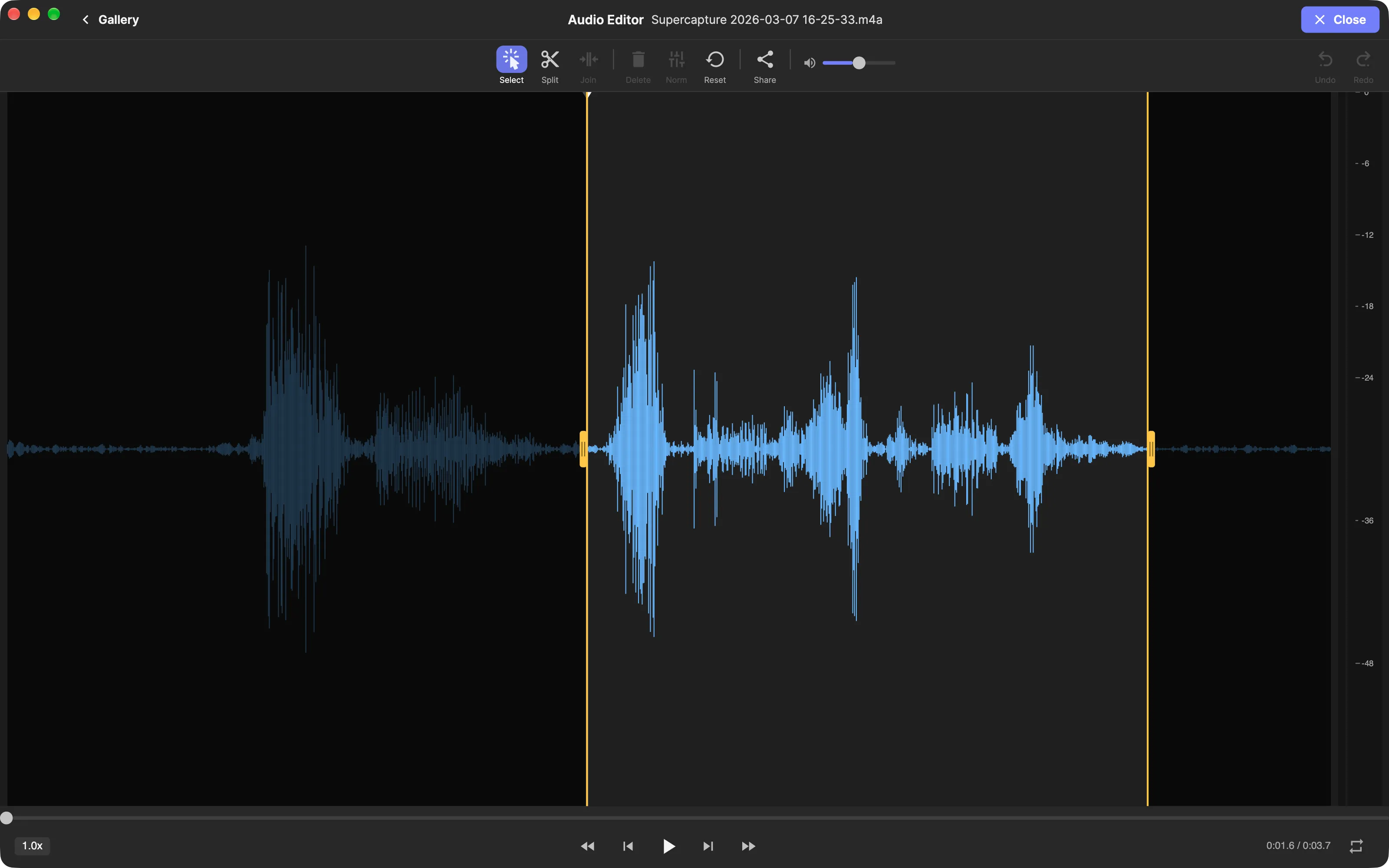 SuperCapture audio editor with waveform display and editing tools