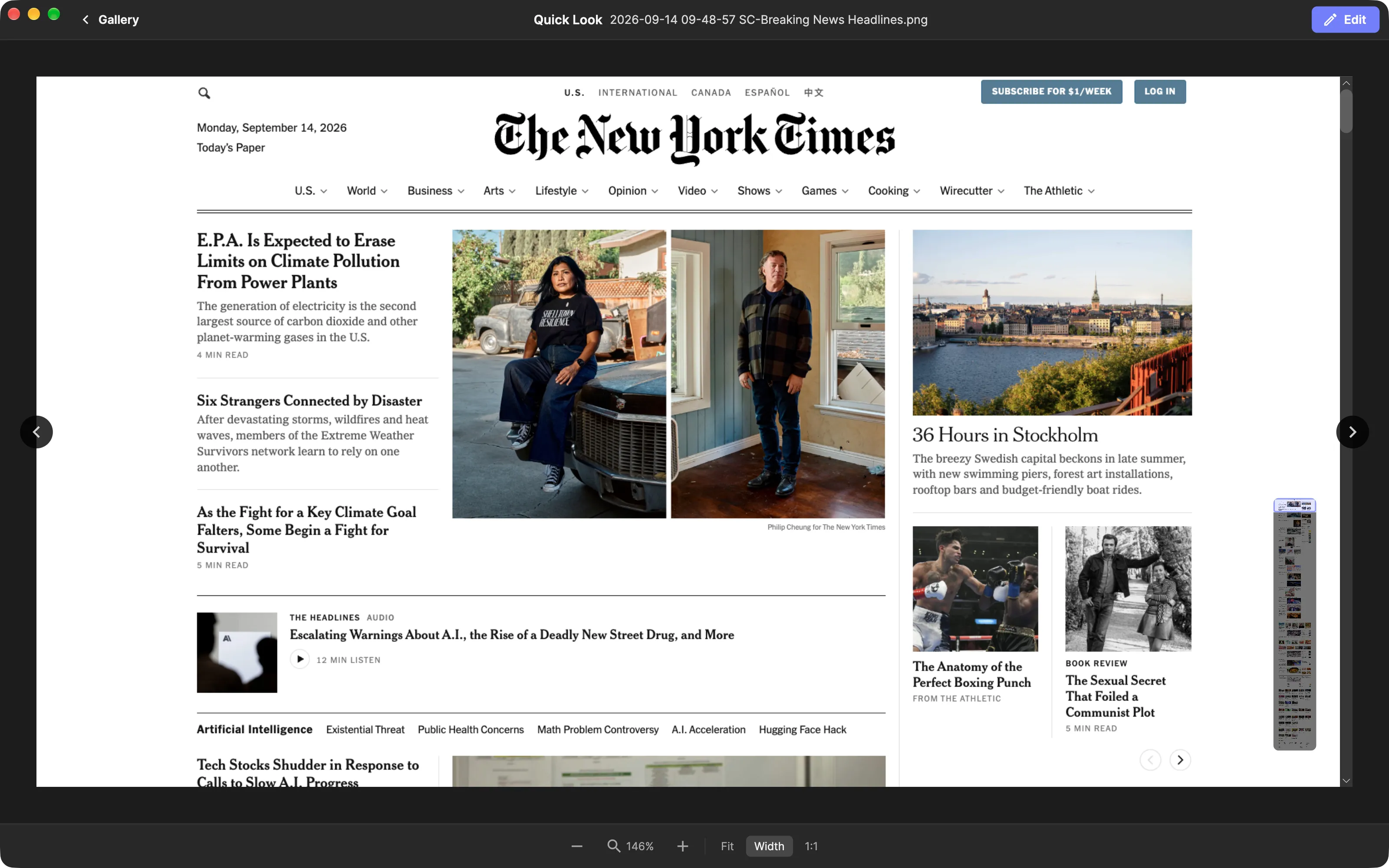 A full-page scrolling capture of a news homepage open in SuperCapture Quick Look, with an overview strip of the whole page