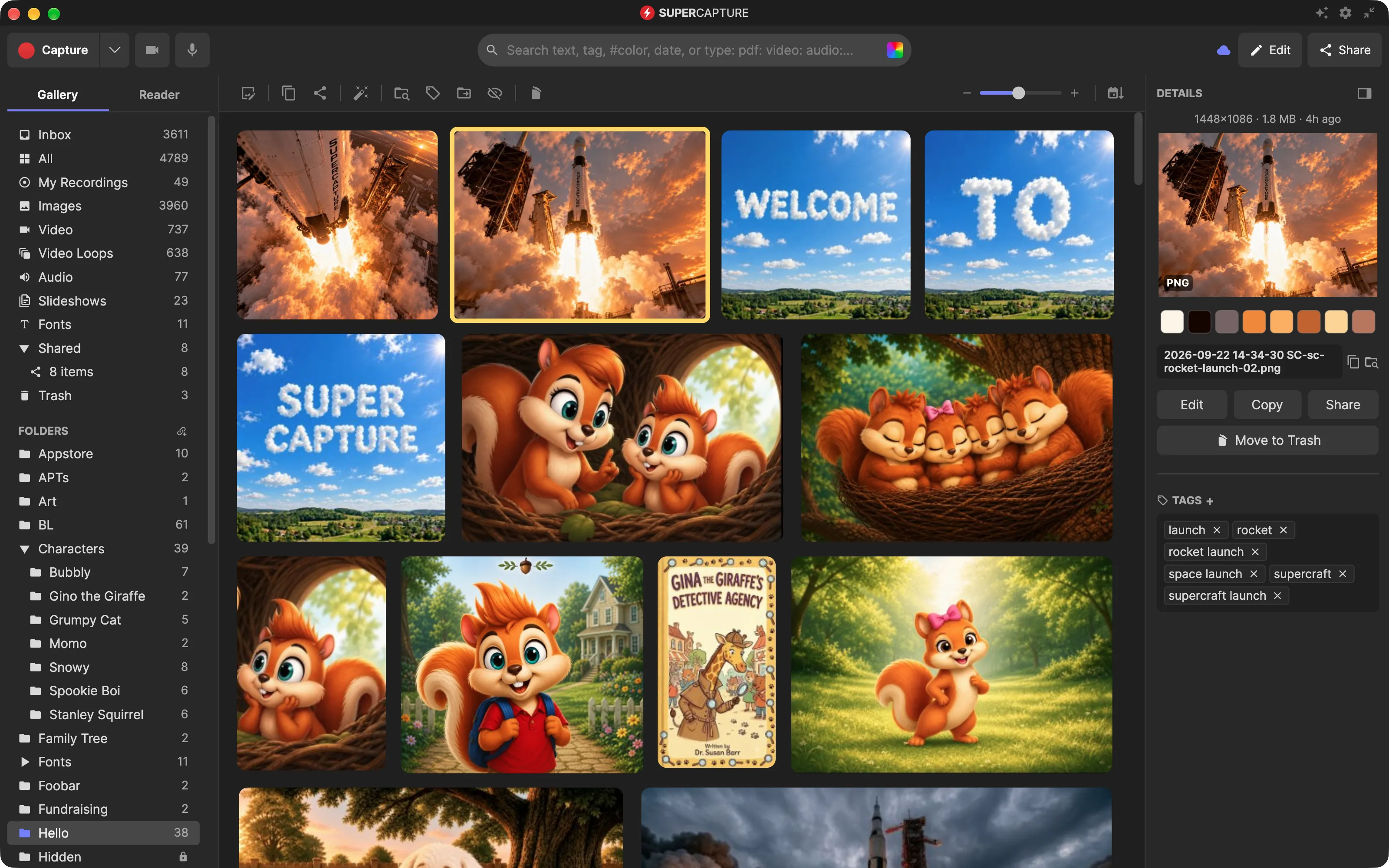 SuperCapture folders sidebar with nested subfolders, beside a gallery with a rocket launch selected and its tags