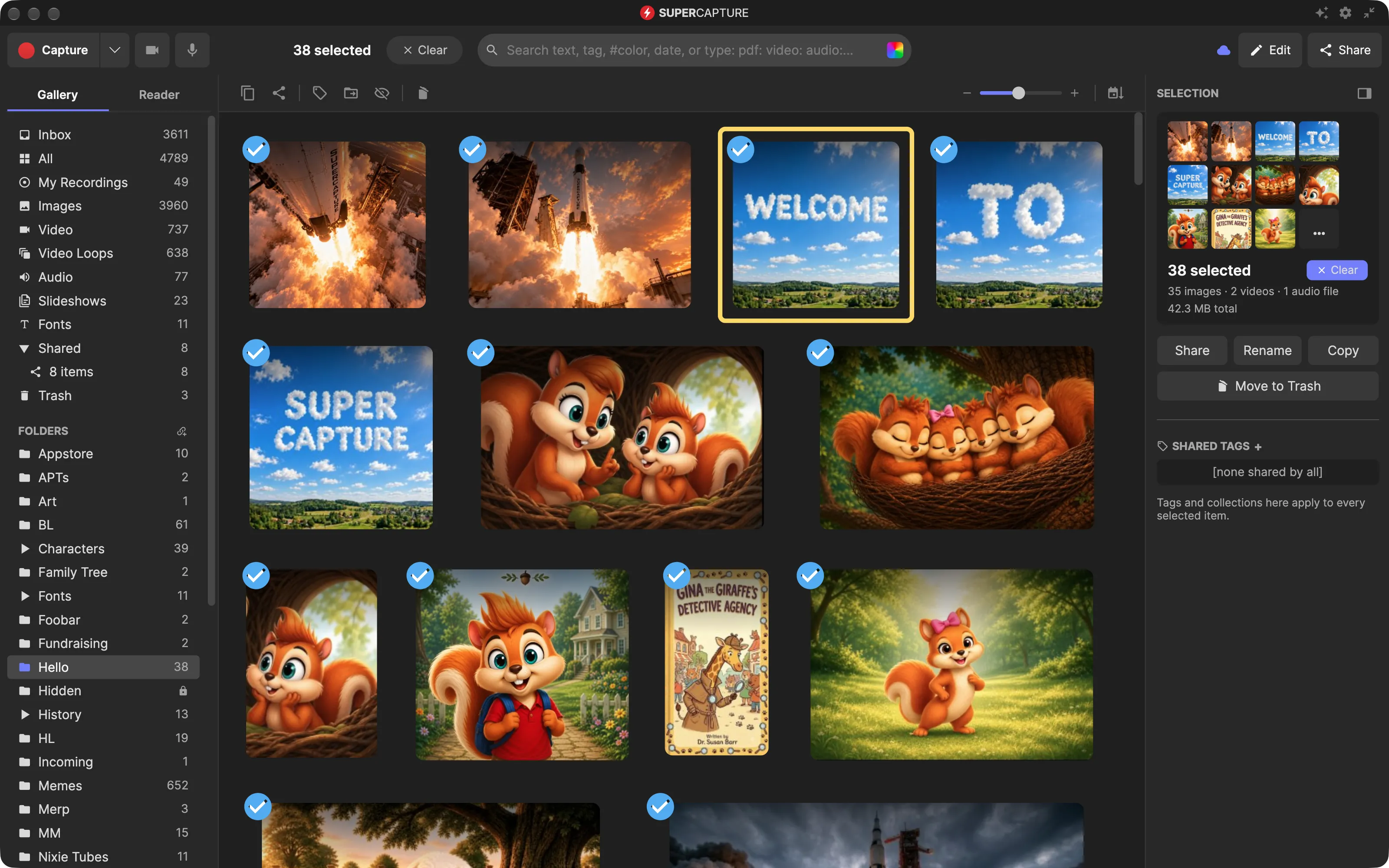 SuperCapture with 38 items selected: bulk actions in the toolbar and a selection summary with Share, Rename, Copy and Move to Trash