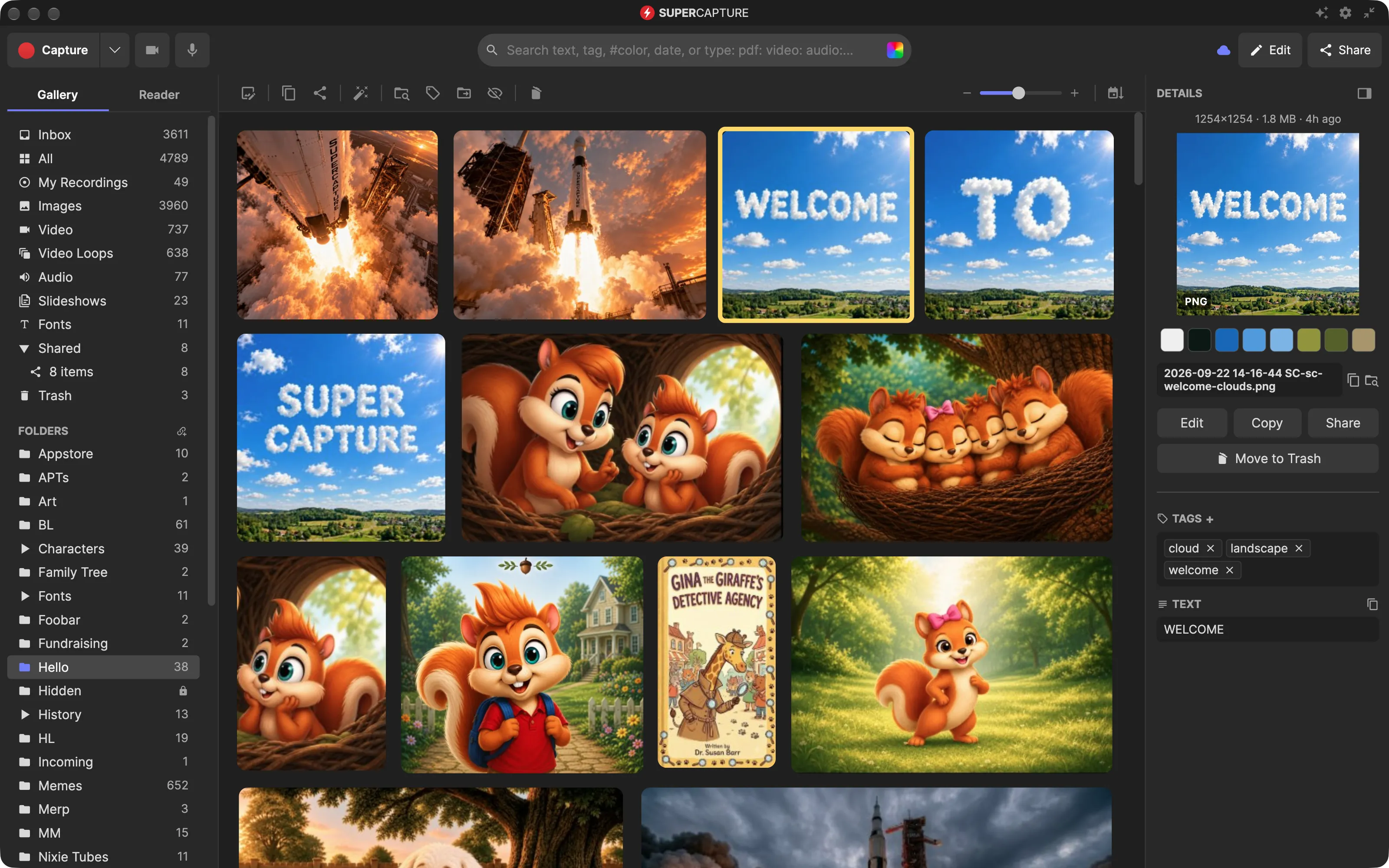 SuperCapture gallery with a search bar above captures, folders and a details pane