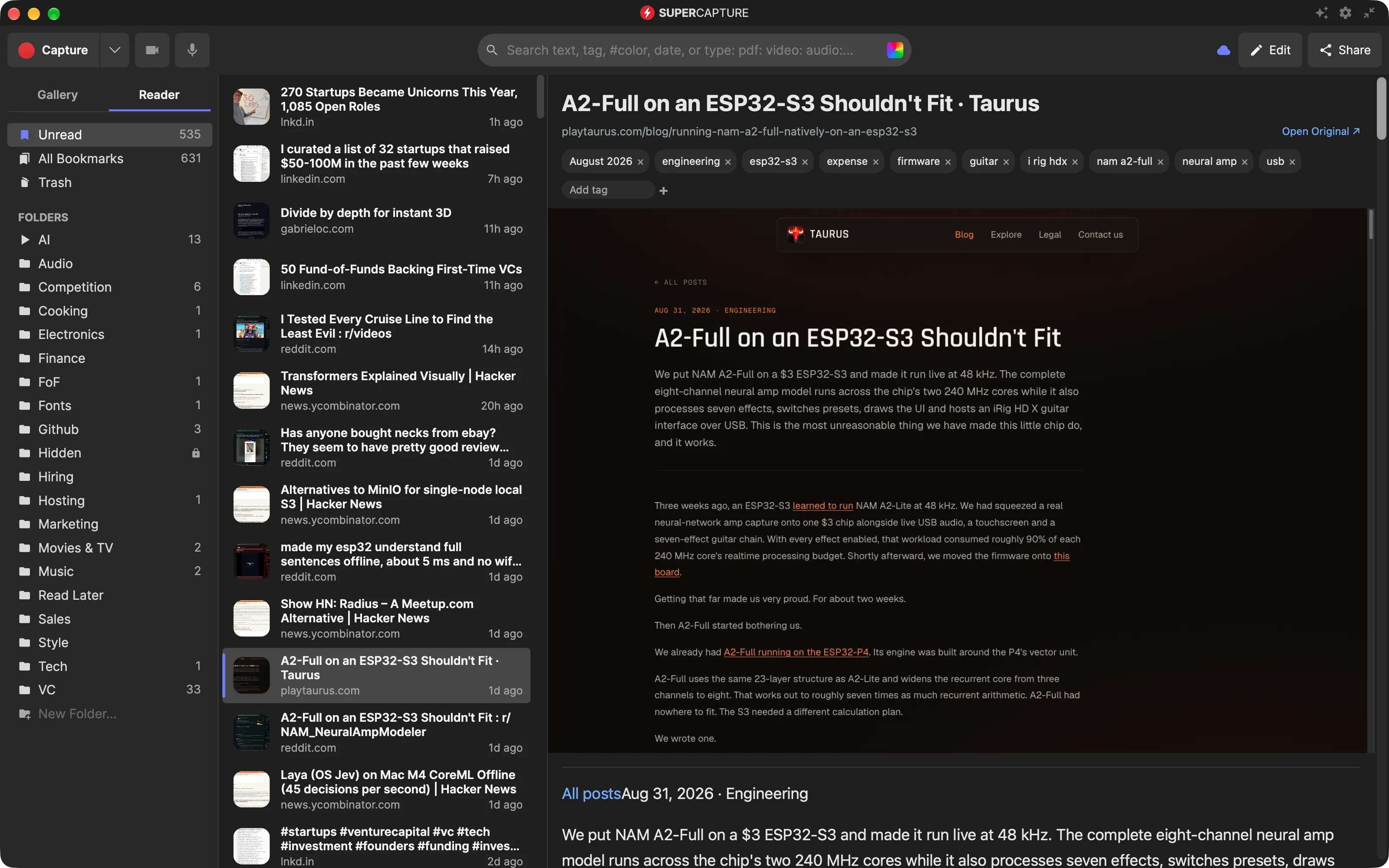SuperCapture Reader with Unread, All Bookmarks and reading folders, a list of saved pages, and a saved blog post open with its tags, page screenshot and readable text
