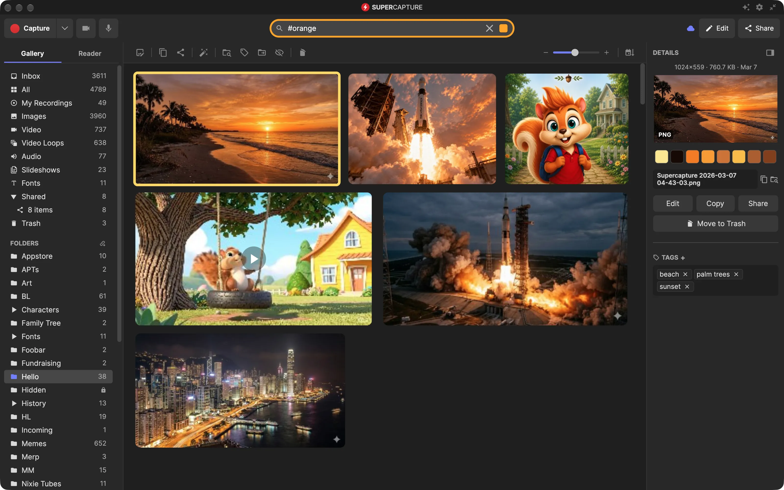SuperCapture gallery searching a folder for #orange, showing six matches including a sunset beach, a rocket launch, a cartoon squirrel and a city at night