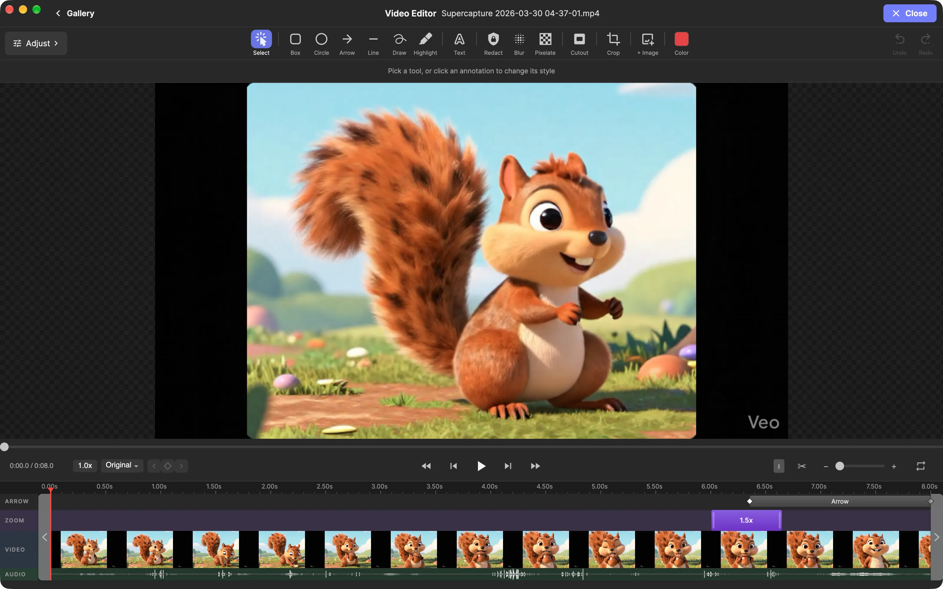 SuperCapture video editor with timeline and frame thumbnails